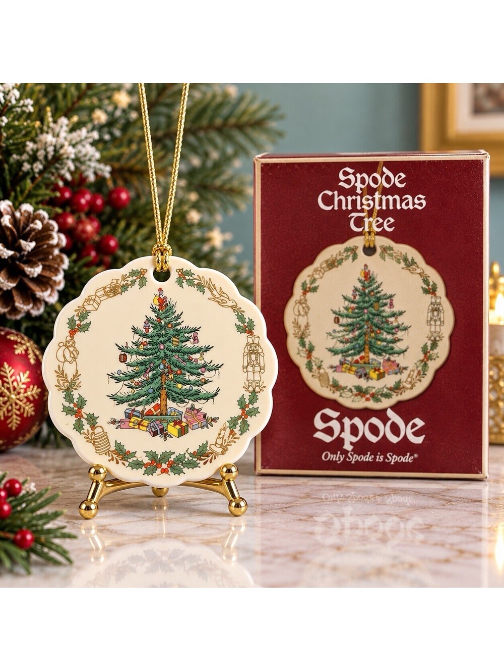 NIB Spode 1990s Ornament Scalloped Edge Christmas Tree Ivory Porcelain, 3"
